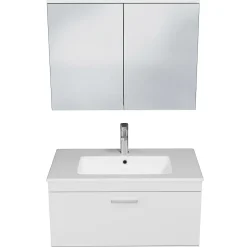 Saniverre Meuble salle de bain simple vasque RUBITE 1 tiroir Blanc L. 80 cm + miroir armoire -* Ensemble Meuble De Salle De Bains