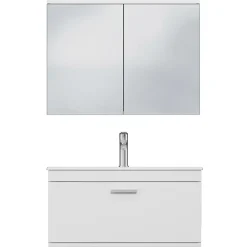 Saniverre Meuble salle de bain simple vasque RUBITE 1 tiroir Blanc L. 80 cm + miroir armoire -* Ensemble Meuble De Salle De Bains