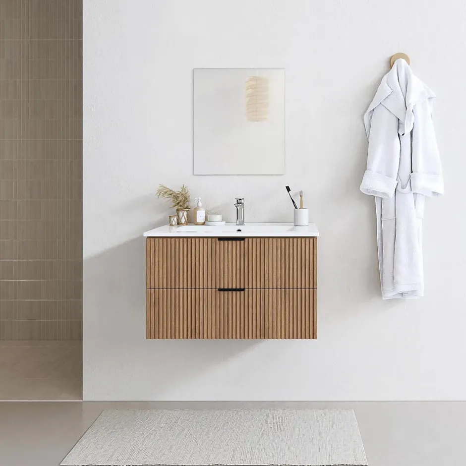 Aurlane Meuble salle de bain simple vasque 60cm bois MDF ondulé
