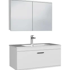 Saniverre Meuble salle de bain simple vasque RUBITE 1 tiroir Blanc L. 90 cm + miroir armoire -