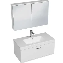 Saniverre Meuble salle de bain simple vasque RUBITE 1 tiroir Blanc L. 90 cm + miroir armoire -