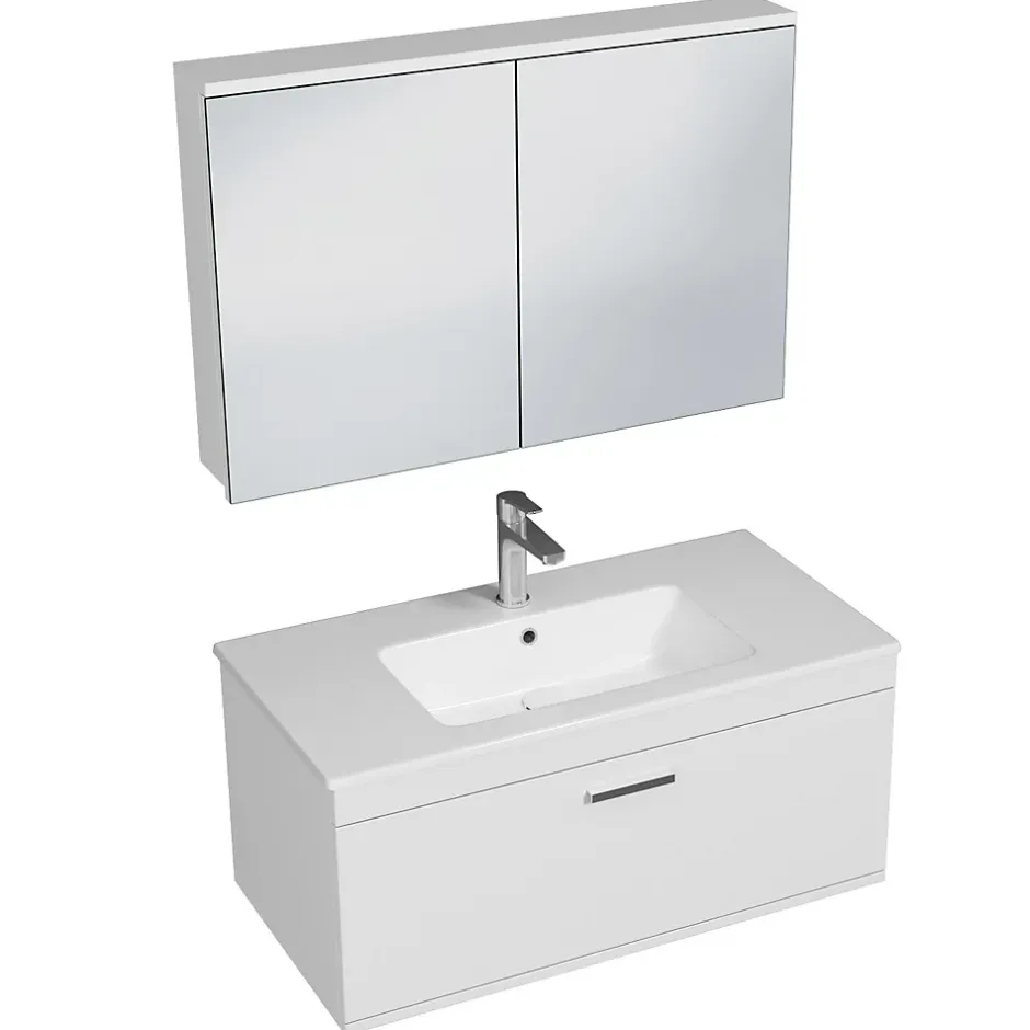 Saniverre Meuble salle de bain simple vasque RUBITE 1 tiroir Blanc L. 90 cm + miroir armoire -