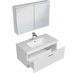 Saniverre Meuble salle de bain simple vasque RUBITE 1 tiroir Blanc L. 90 cm + miroir armoire -
