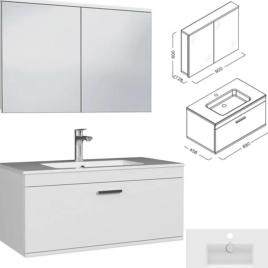 Saniverre Meuble salle de bain simple vasque RUBITE 1 tiroir Blanc L. 90 cm + miroir armoire -