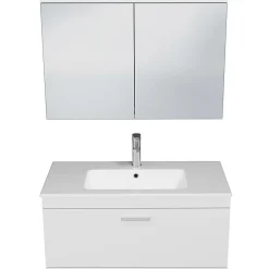 Saniverre Meuble salle de bain simple vasque RUBITE 1 tiroir Blanc L. 90 cm + miroir armoire -