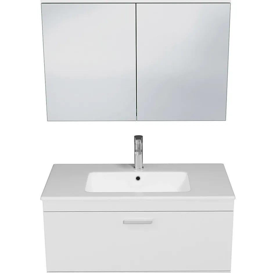 Saniverre Meuble salle de bain simple vasque RUBITE 1 tiroir Blanc L. 90 cm + miroir armoire -
