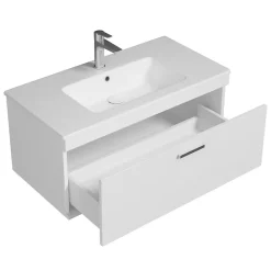 Saniverre Meuble salle de bain simple vasque RUBITE 1 tiroir Blanc L. 90 cm + miroir armoire -