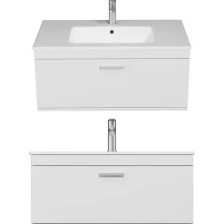 Saniverre Meuble salle de bain simple vasque RUBITE 1 tiroir Blanc L. 90 cm + miroir armoire -