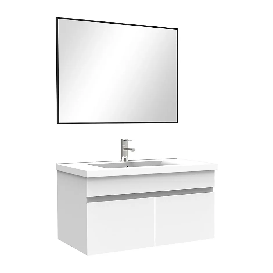 AICA Sanitaire Meuble salle de bain simple vasque 80cm meuble + miroir Blanc