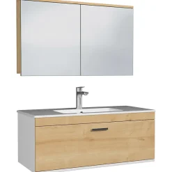Saniverre Meuble salle de bain simple vasque RUBITE 1 tiroir Chêne clair L. 100 cm + miroir armoire -* Ensemble Meuble De Salle De Bains