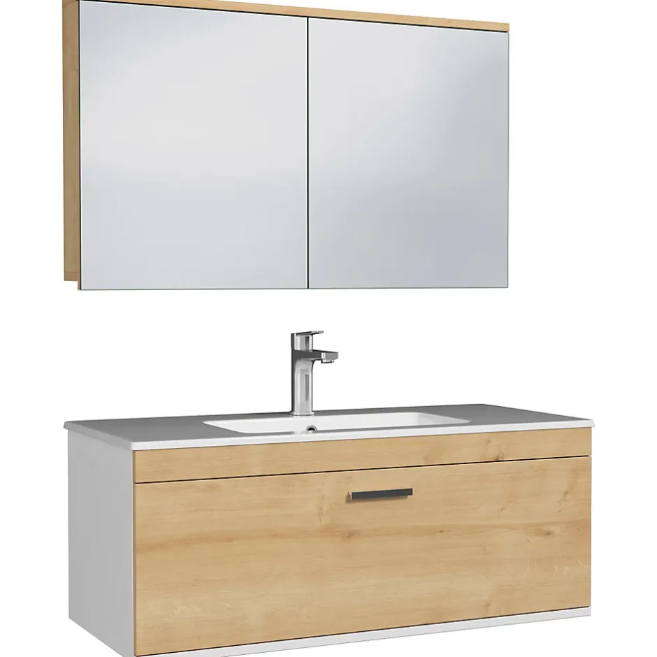 Saniverre Meuble salle de bain simple vasque RUBITE 1 tiroir Chêne clair L. 100 cm + miroir armoire -* Ensemble Meuble De Salle De Bains