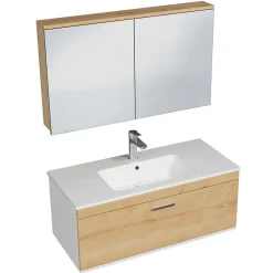 Saniverre Meuble salle de bain simple vasque RUBITE 1 tiroir Chêne clair L. 100 cm + miroir armoire -* Ensemble Meuble De Salle De Bains