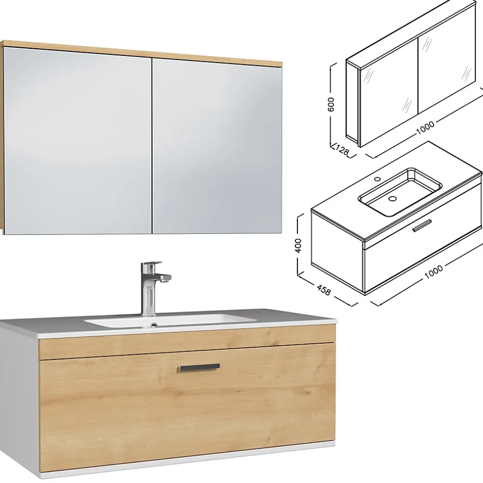 Saniverre Meuble salle de bain simple vasque RUBITE 1 tiroir Chêne clair L. 100 cm + miroir armoire -* Ensemble Meuble De Salle De Bains