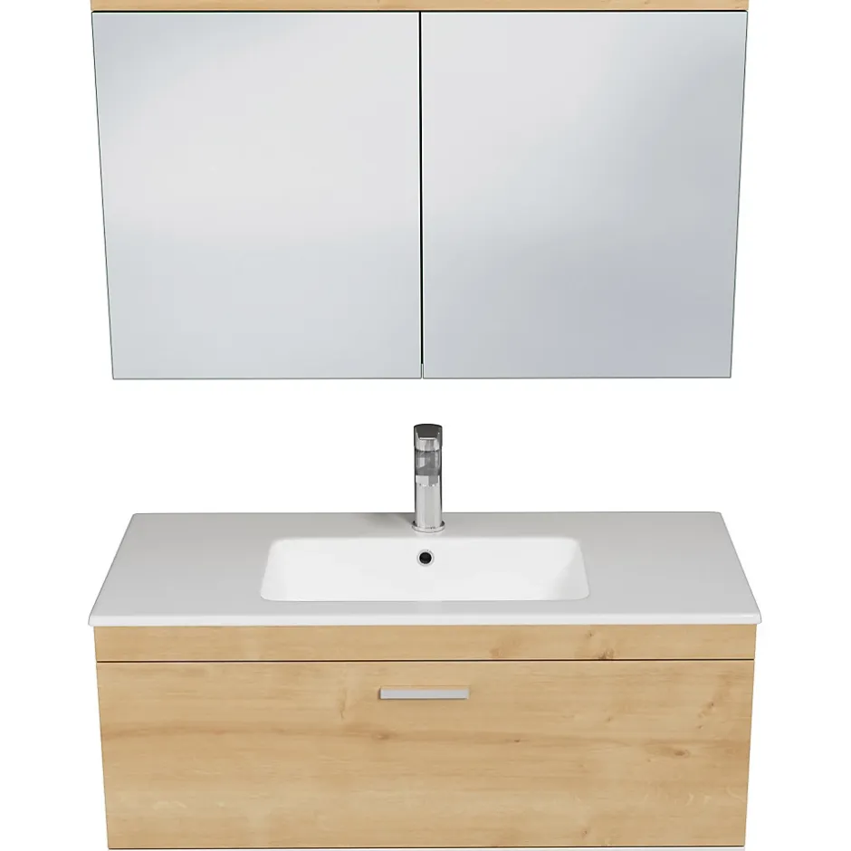 Saniverre Meuble salle de bain simple vasque RUBITE 1 tiroir Chêne clair L. 100 cm + miroir armoire -* Ensemble Meuble De Salle De Bains