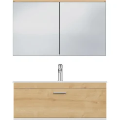 Saniverre Meuble salle de bain simple vasque RUBITE 1 tiroir Chêne clair L. 100 cm + miroir armoire -* Ensemble Meuble De Salle De Bains