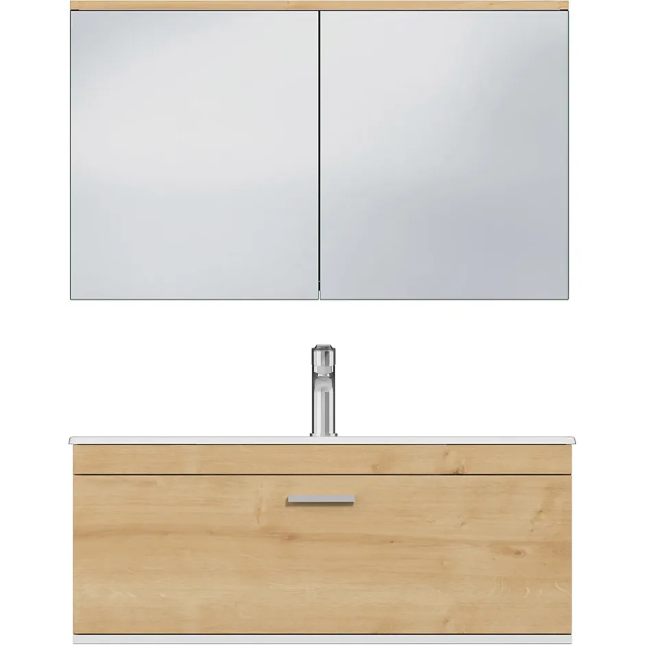 Saniverre Meuble salle de bain simple vasque RUBITE 1 tiroir Chêne clair L. 100 cm + miroir armoire -* Ensemble Meuble De Salle De Bains