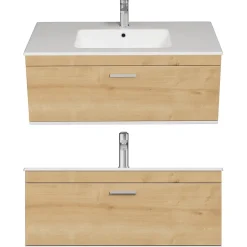Saniverre Meuble salle de bain simple vasque RUBITE 1 tiroir Chêne clair L. 100 cm + miroir armoire -* Ensemble Meuble De Salle De Bains