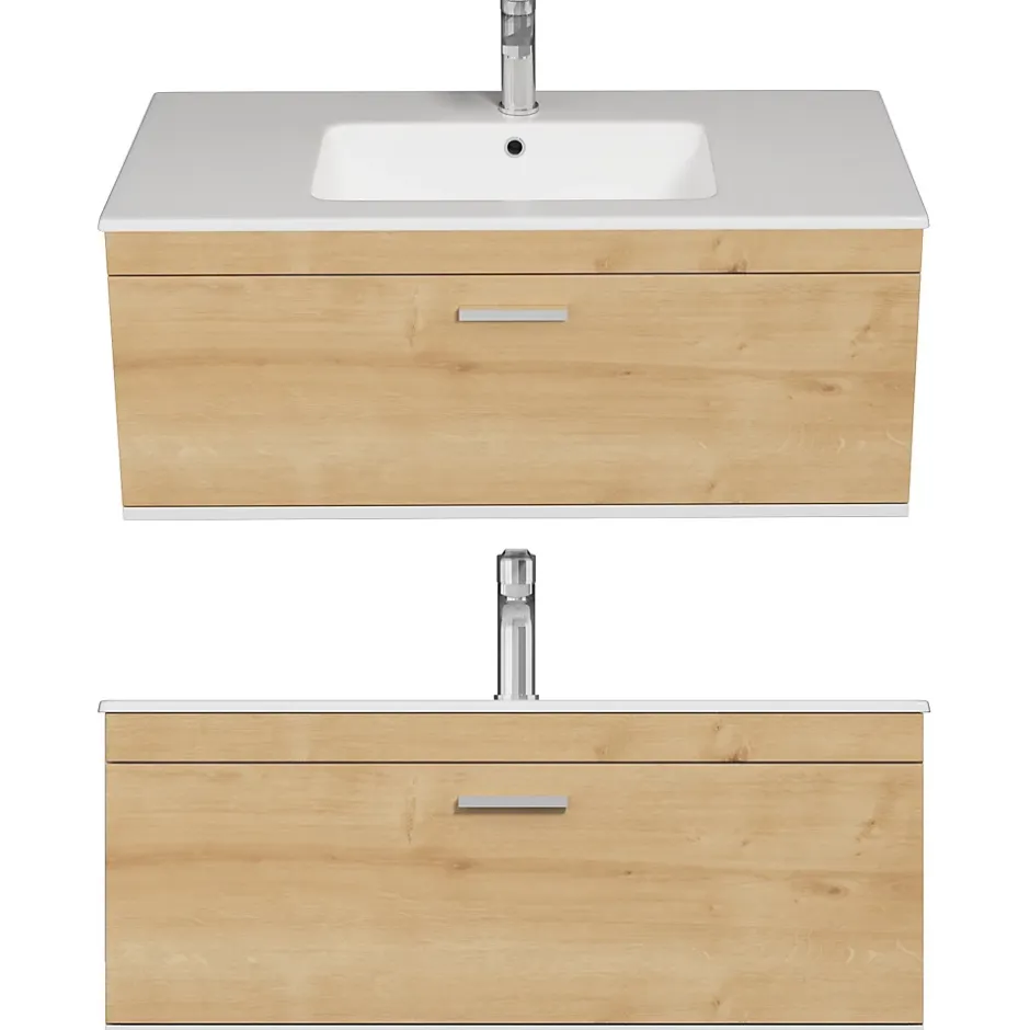 Saniverre Meuble salle de bain simple vasque RUBITE 1 tiroir Chêne clair L. 100 cm + miroir armoire -* Ensemble Meuble De Salle De Bains
