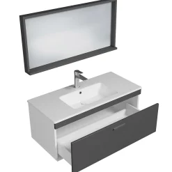 Saniverre Meuble salle de bain simple vasque RUBITE 1 tiroir Anthracite L. 100 cm + miroir cadre -* Ensemble Meuble De Salle De Bains