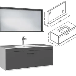 Saniverre Meuble salle de bain simple vasque RUBITE 1 tiroir Anthracite L. 100 cm + miroir cadre -* Ensemble Meuble De Salle De Bains