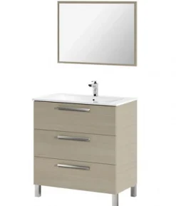 Pegane Meuble salle de bain sous vasque salle de bain avec 3 Tiroirs + 1 Miroir chêne clair - Longueur 80 x Profondeur 45 x Hauteur 86 cm* Meuble Sous Lavabo