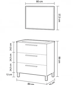 Pegane Meuble salle de bain sous vasque salle de bain avec 3 Tiroirs + 1 Miroir chêne clair - Longueur 80 x Profondeur 45 x Hauteur 86 cm* Meuble Sous Lavabo