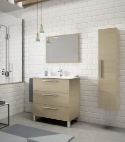 Pegane Meuble salle de bain sous vasque salle de bain avec 3 Tiroirs + 1 Miroir chêne clair - Longueur 80 x Profondeur 45 x Hauteur 86 cm* Meuble Sous Lavabo