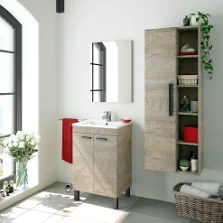 Pegane Meuble salle de bain Sous-Vasque 50 cm + Miroir coloris Alaska chêne à nœuds - Longueur 50 x Hauteur 80 x Profondeur 40 cm