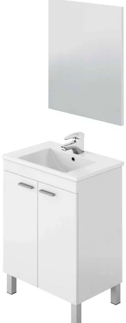 Pegane Meuble salle de bain Sous-vasque 60 cm avec 2 portes + Miroir coloris blanc brillant - H80 x Longueur 60 x Profondeur 45 cm* Meuble Sous Lavabo
