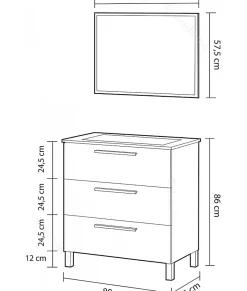 Pegane Meuble salle de bain sous vasque avec 3 Tiroirs + 1 Miroir coloris Alaska chêne - Longueur 80 x Profondeur 45 x Hauteur 86 cm