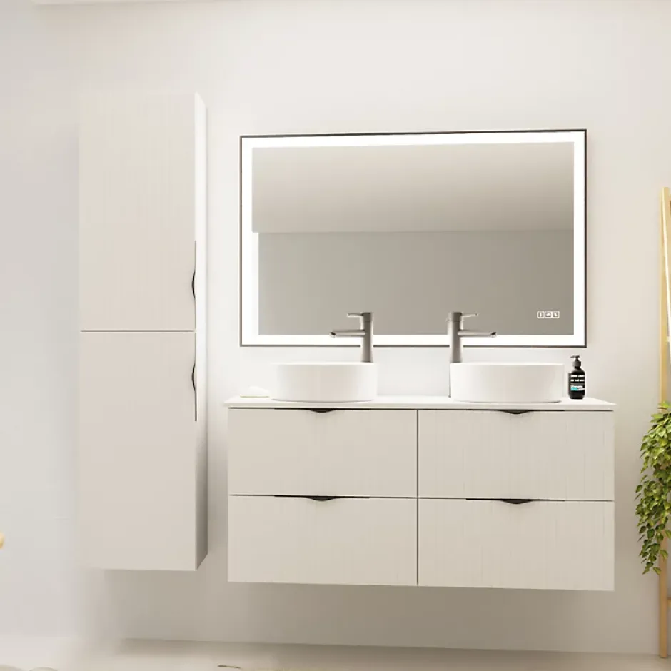 Planète Bain Meuble salle de bain strié 120 cm pour vasque à poser - Blanc mat - à suspendre - Tirso* Meuble Vasque