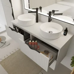 Planète Bain Meuble salle de bain strié 120 cm pour vasque à poser - Blanc mat - à suspendre - Tirso* Meuble Vasque