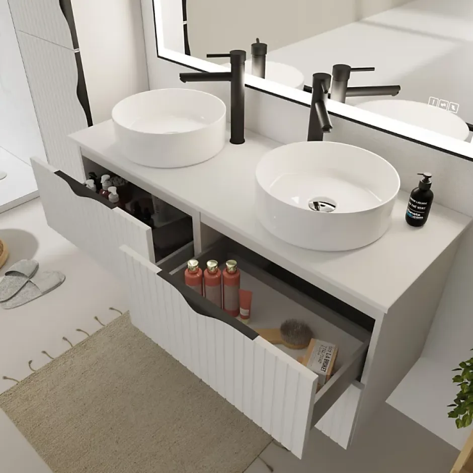 Planète Bain Meuble salle de bain strié 120 cm pour vasque à poser - Blanc mat - à suspendre - Tirso* Meuble Vasque