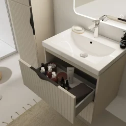 Planète Bain Meuble salle de bain strié - 60 cm - avec plan vasque - Beige cachemire mat - à suspendre - Tirso