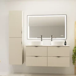 Planète Bain Meuble salle de bain strié 120 cm pour vasque à poser - Beige cachemire mat - à suspendre - Tirso* Meuble Vasque