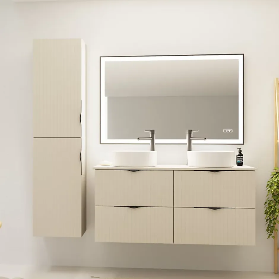 Planète Bain Meuble salle de bain strié 120 cm pour vasque à poser - Beige cachemire mat - à suspendre - Tirso* Meuble Vasque