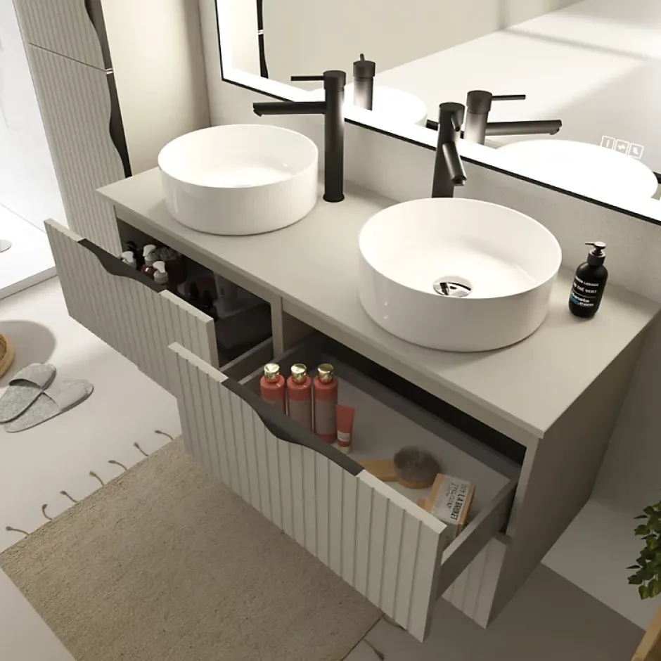 Planète Bain Meuble salle de bain strié 120 cm pour vasque à poser - Beige cachemire mat - à suspendre - Tirso* Meuble Vasque
