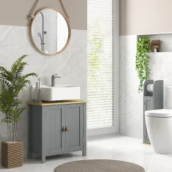 kleankin Meuble salle de bain sur pied - meuble sous-vasque - 2 portes, étagère - MDF panneaux aspect bois clair gris* Meuble Sous-Vasque