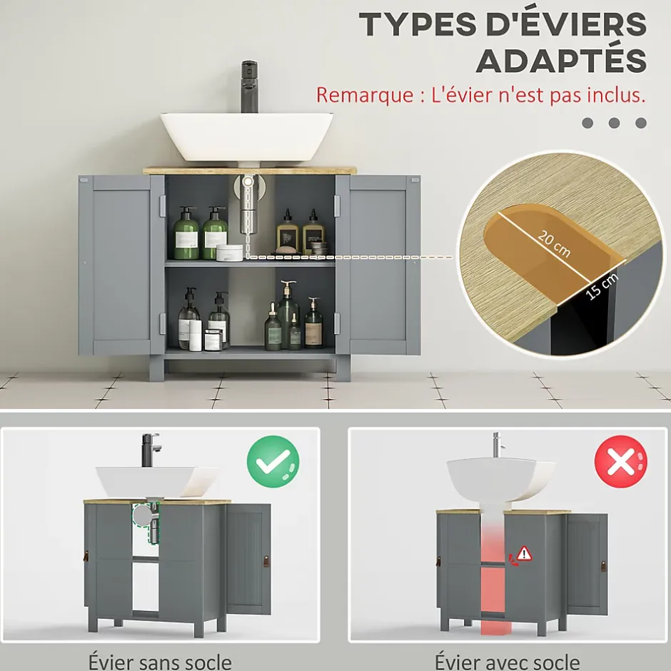 kleankin Meuble salle de bain sur pied - meuble sous-vasque - 2 portes, étagère - MDF panneaux aspect bois clair gris* Meuble Sous-Vasque