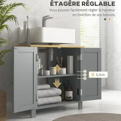 kleankin Meuble salle de bain sur pied - meuble sous-vasque - 2 portes, étagère - MDF panneaux aspect bois clair gris* Meuble Sous-Vasque
