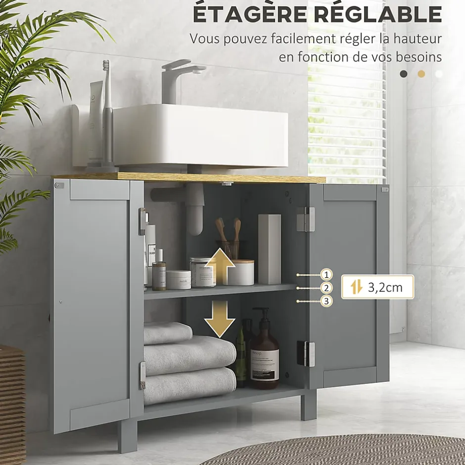 kleankin Meuble salle de bain sur pied - meuble sous-vasque - 2 portes, étagère - MDF panneaux aspect bois clair gris* Meuble Sous-Vasque