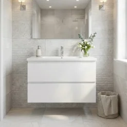 Swiss Aqua Technologies Meuble salle de bain suspendu 59 x 50 x 45 cm blanc brillant 2 tiroirs avec lavabo en marbre coulé SAT B-Way (BWAY260WU)* Meuble Vasque