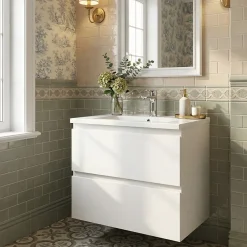 Swiss Aqua Technologies Meuble salle de bain suspendu 59 x 50 x 45 cm blanc brillant 2 tiroirs avec lavabo en marbre coulé SAT B-Way (BWAY260WU)* Meuble Vasque