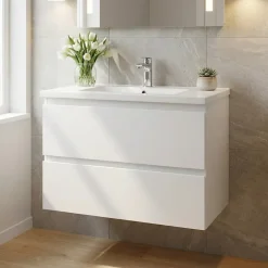 Swiss Aqua Technologies Meuble salle de bain suspendu 59 x 50 x 45 cm blanc brillant 2 tiroirs avec lavabo en marbre coulé SAT B-Way (BWAY260WU)* Meuble Vasque