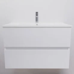 Cuisibane Meuble salle de bain suspendu 80 cm ROSALY- Blanc- Plan vasque en Céramique