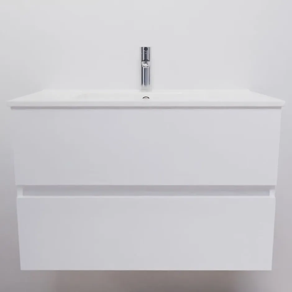 Cuisibane Meuble salle de bain suspendu 80 cm ROSALY- Blanc- Plan vasque en Céramique