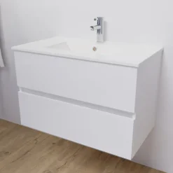 Cuisibane Meuble salle de bain suspendu 80 cm ROSALY- Blanc- Plan vasque en Céramique