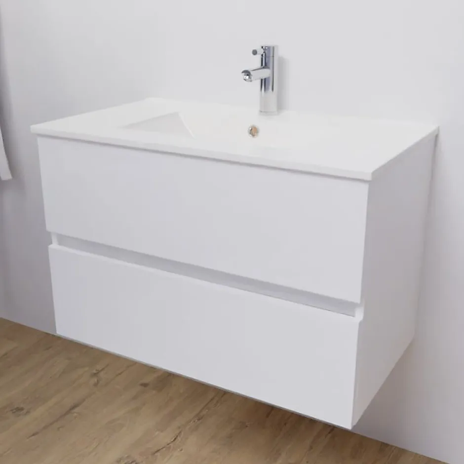 Cuisibane Meuble salle de bain suspendu 80 cm ROSALY- Blanc- Plan vasque en Céramique