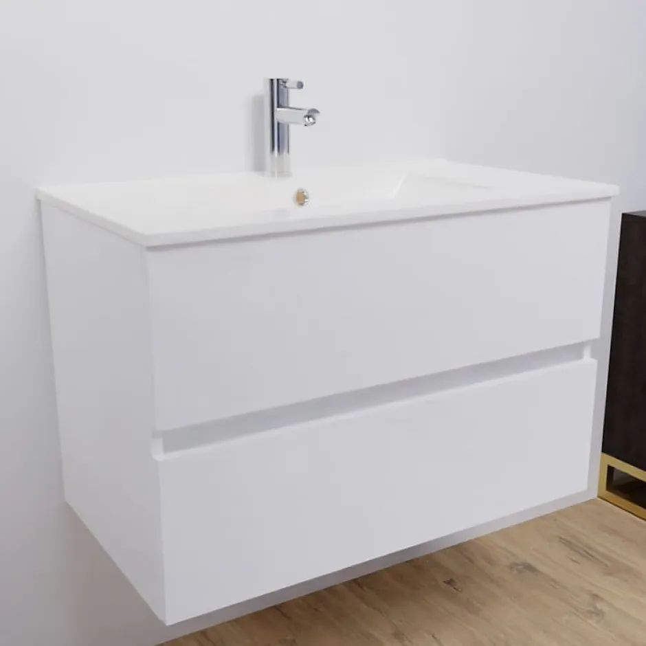 Cuisibane Meuble salle de bain suspendu 80 cm ROSALY- Blanc- Plan vasque en Céramique