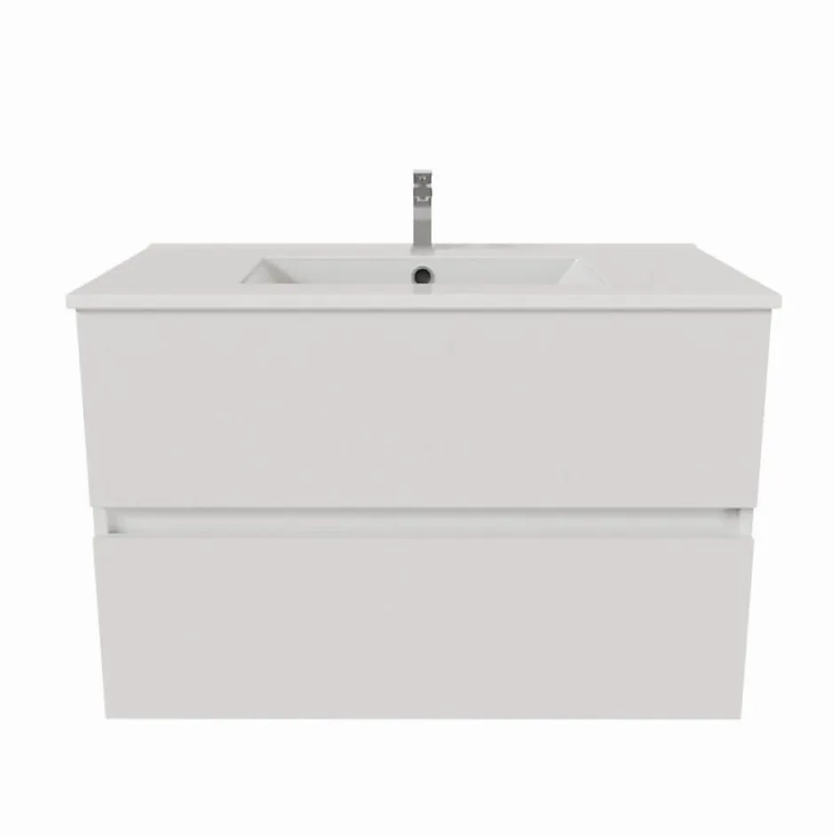 Cuisibane Meuble salle de bain suspendu 80 cm ROSALY- Blanc- Plan vasque en Céramique